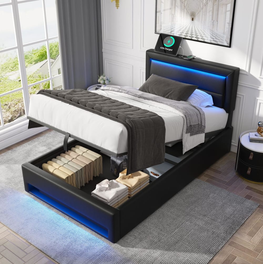 MODFU Polsterbett mit USB, LED, Stauraum, PU, 90x190 cm, Schwarz style modern SCHWARZ LEDER Baby