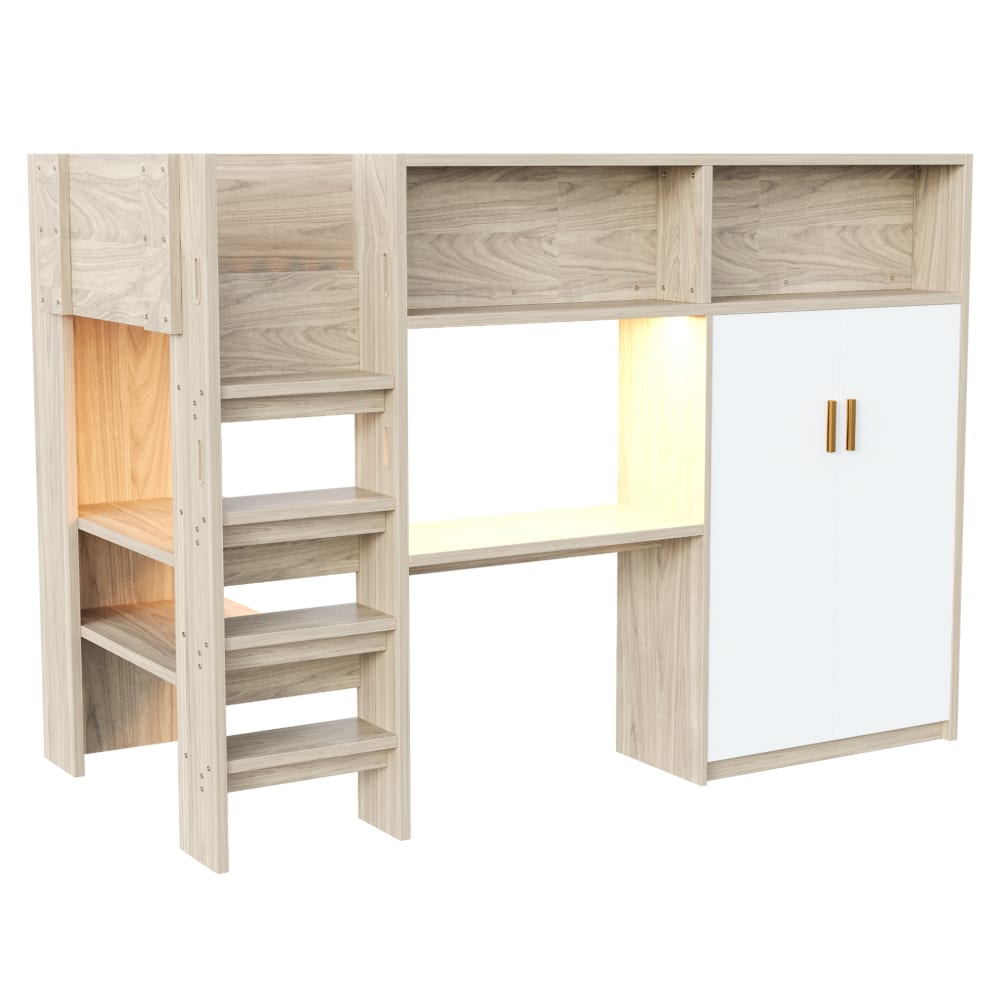 Lit mezzanine avec bureau, armoire, éclairage led 90x200 couleur bois