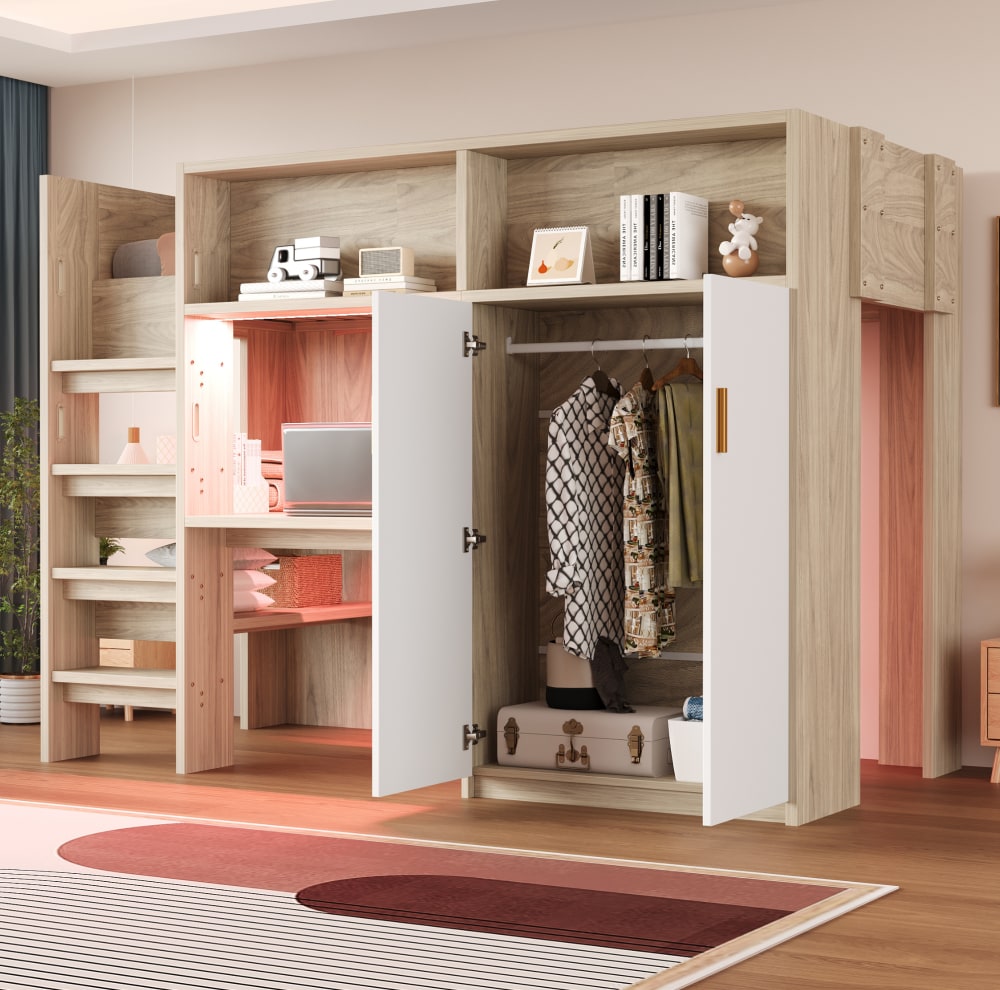 Hochbett mit Schreibtisch Kleiderschrank LED 90x200 Holzfarbe -