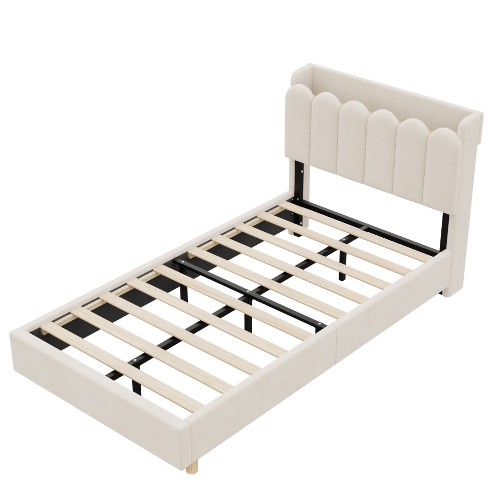 Lit enfant avec sommier à lattes et usb, velours, beige, 90x200 cm