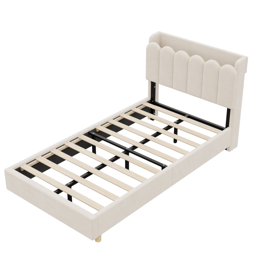 Polsterbett  mit Lattenrost, USB/Typ-C, Samt, 90x200 cm, Beige -