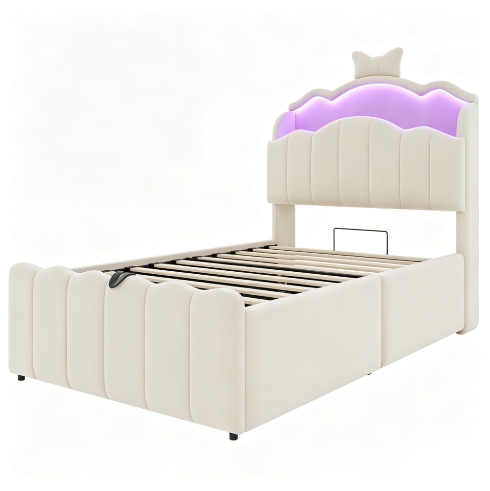 Lit pour enfant 90x200 cm avec rangement, led, usb, beige