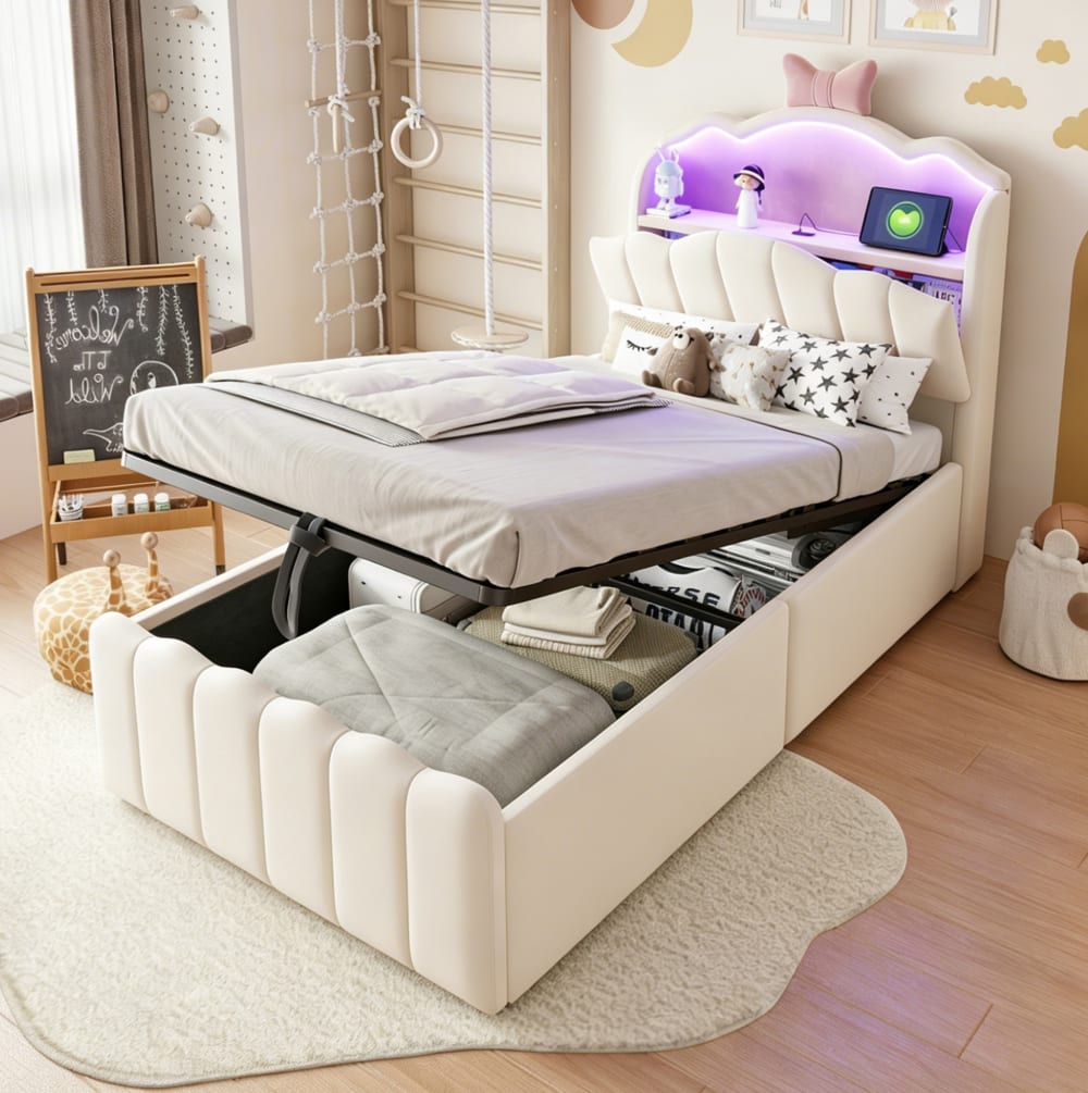 MODFU Polster-Kinderbett mit Stauraum, LED, USB, 90x200 cm, Beige style modern BEIGE SAMT Baby