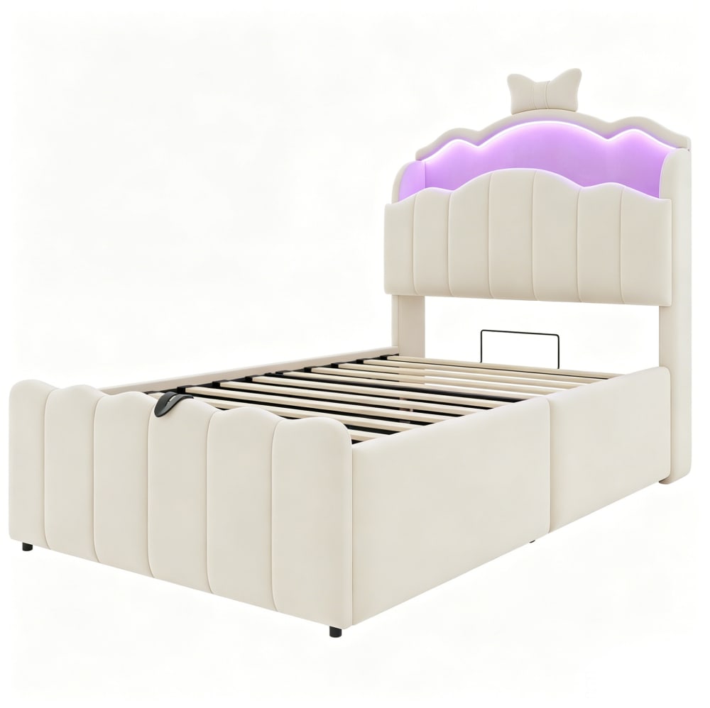 Polster-Kinderbett mit Stauraum, LED, USB, 90x200 cm, Beige -