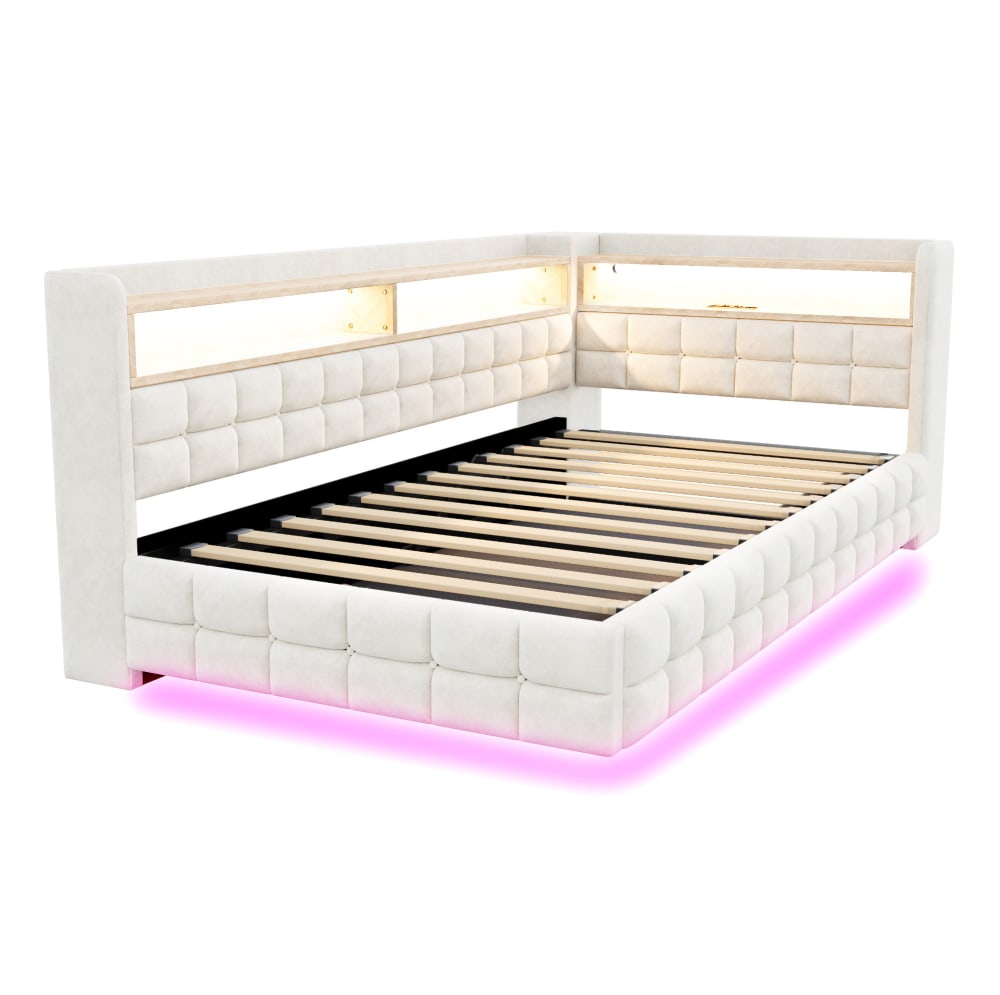 MODFU Polsterbett mit Stauraum, LED und Steckdose, 90x200 cm, Beige style modern BEIGE SAMT Baby