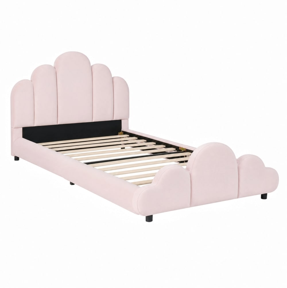 Lit enfant en motif nuage, sommier à lattes, velours rose,  90x200 cm