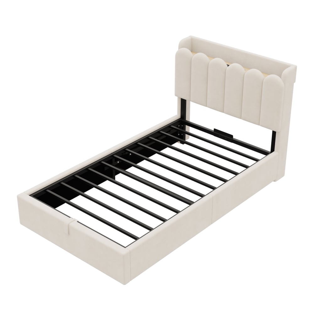Lit enfant avec rangement,usb et éclairage, velours beige 90x200 cm
