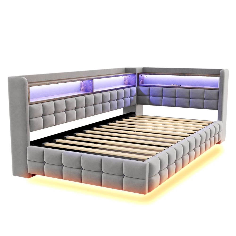 Polsterbett mit Stauraum, LED, USB, Typ-C, 90x200 cm, Grau -