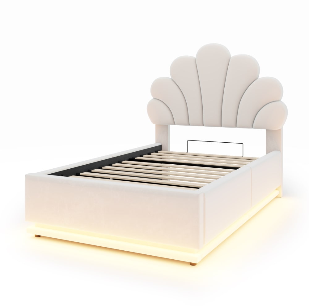 Lit enfant 90x200 cm, tête florale, rangement, led, velours beige