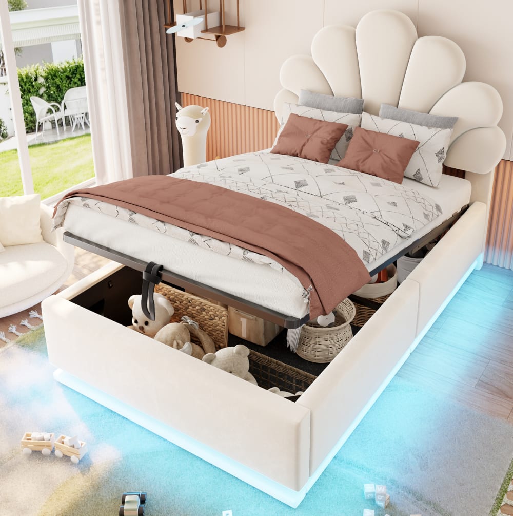 Kinderbett mit Blumen-Kopfteil, Stauraum, LED, Samt, 90x200 cm,