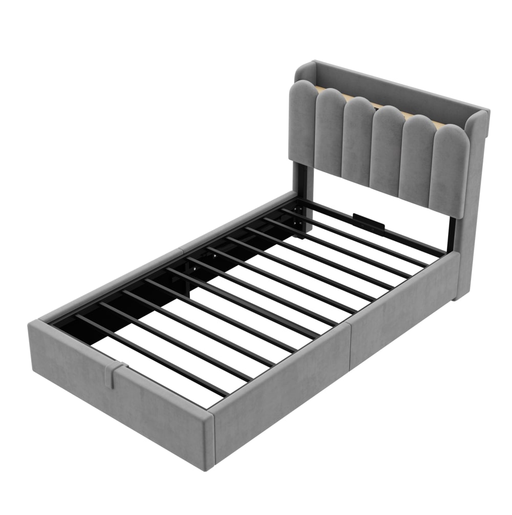 Lit enfant avec rangement et port usb, velours gris, 90x200 cm
