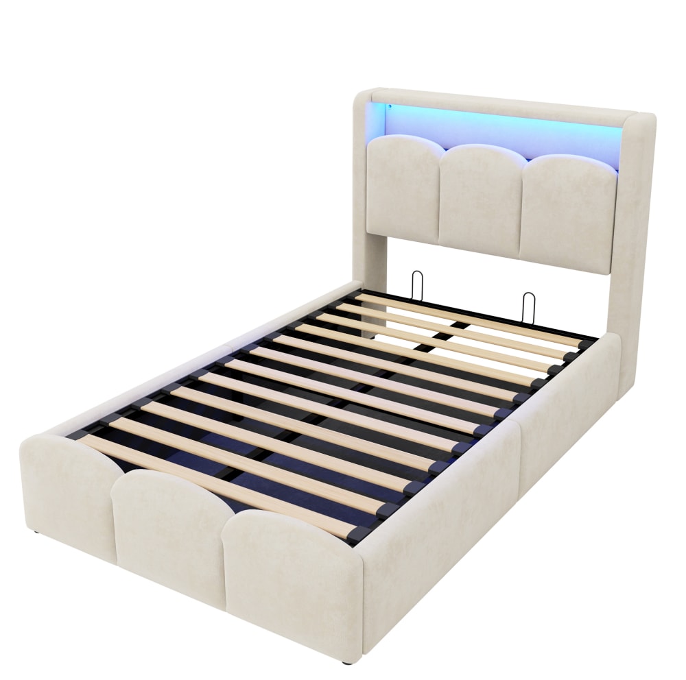MODFU Polsterbett mit Stauraum, LED, USB, 90x200 cm, Beige style modern BEIGE SAMT Baby