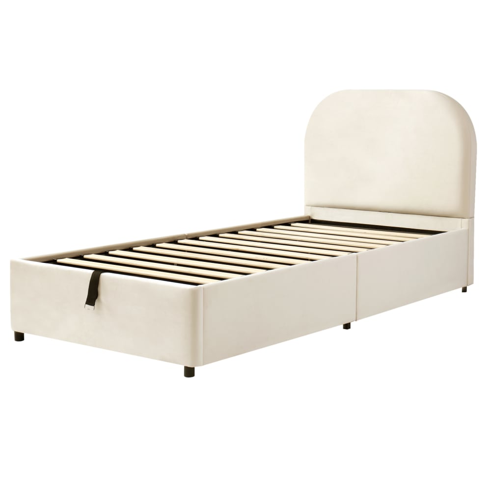 Lit adulte 90x200 avec rangement et tête de lit, velours, beige