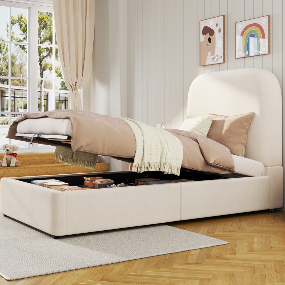 Polsterbett mit Stauraum, Kopfteil, Samt, 90x200 cm, Beige -