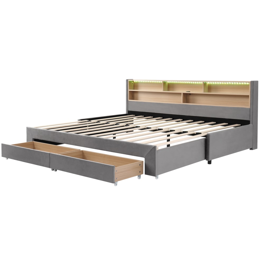 Lit gigogne extensible avec 2 tiroirs et led, velours gris, 90x200 cm