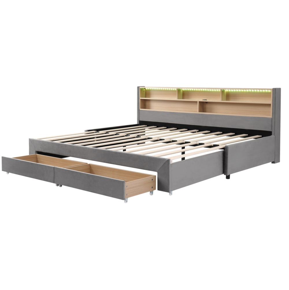 Polster-Tagbett mit Schubladen, USB, LED, ausziehbar 90x200 Grau