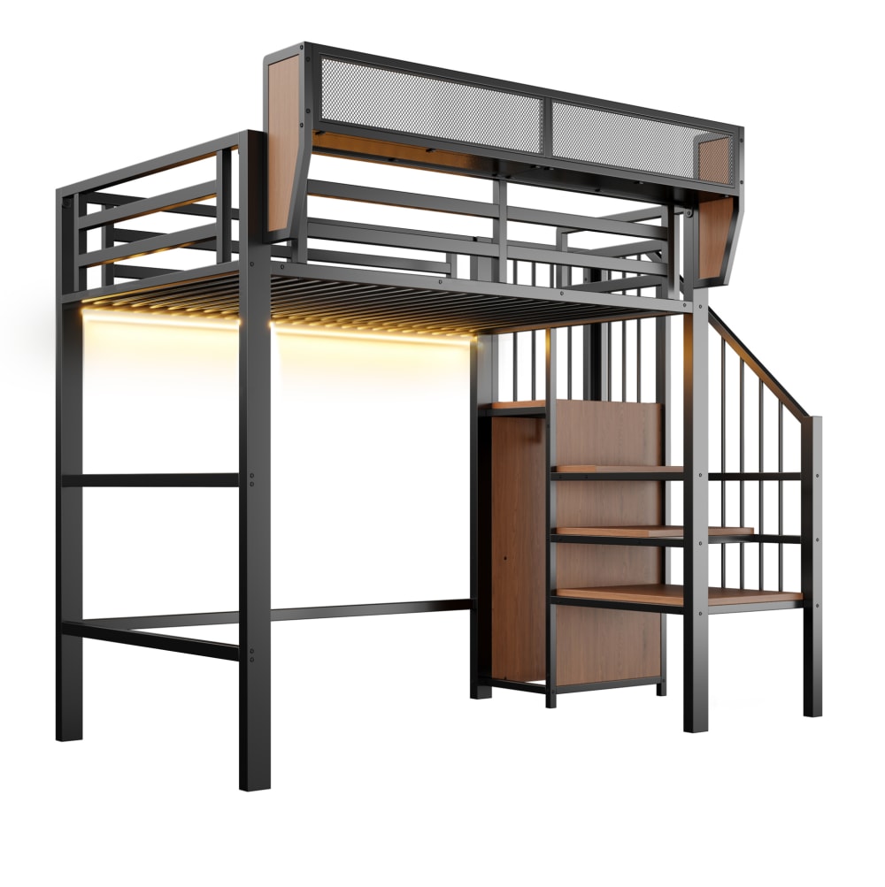 Lit mezzanine 90x200 avec led, échelle et rangements, métal, noir
