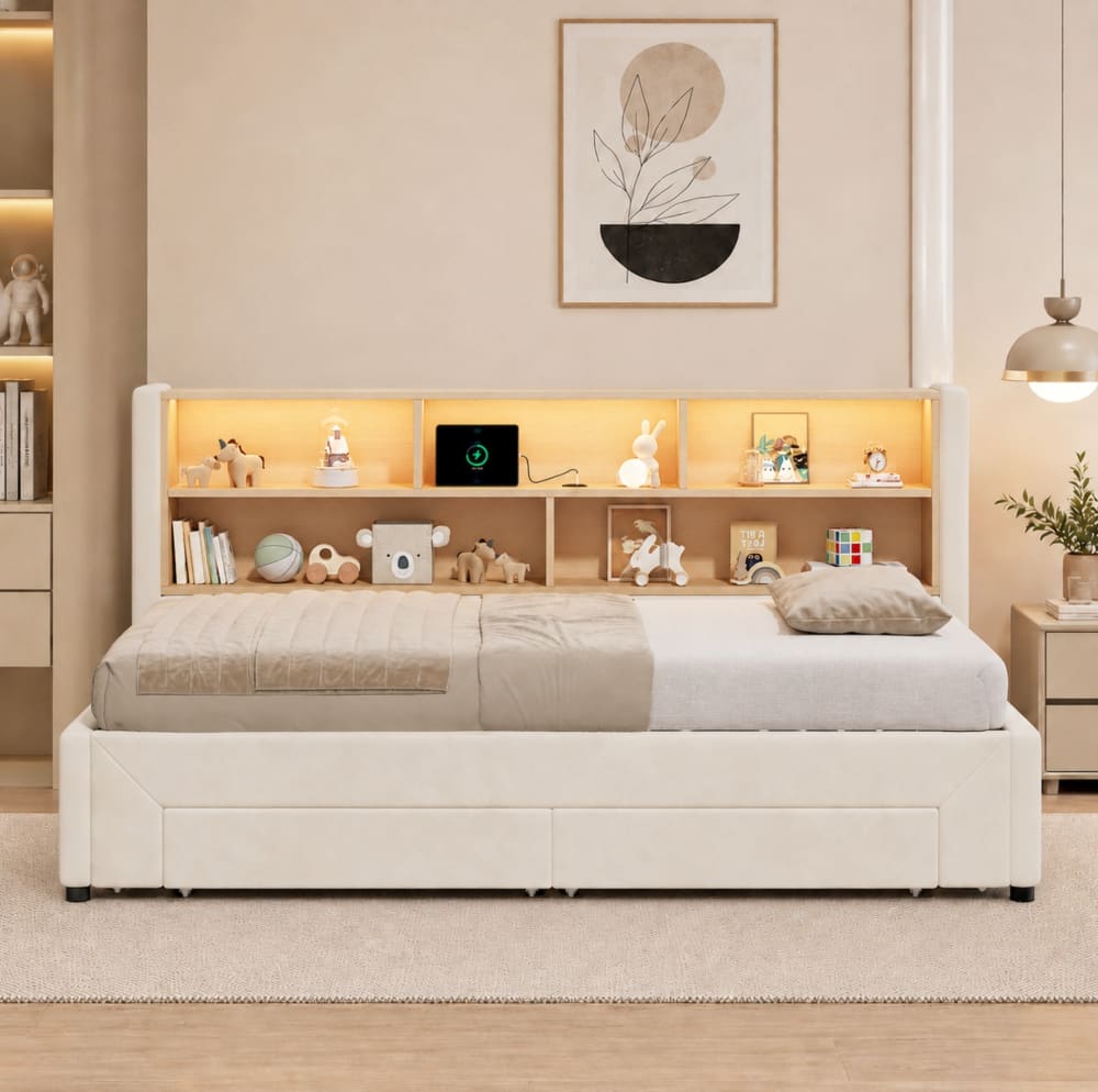 MODFU Ausziehbares mit Schubladen, USB, LED, 90-180x200, Beige style modern BEIGE SAMT Baby