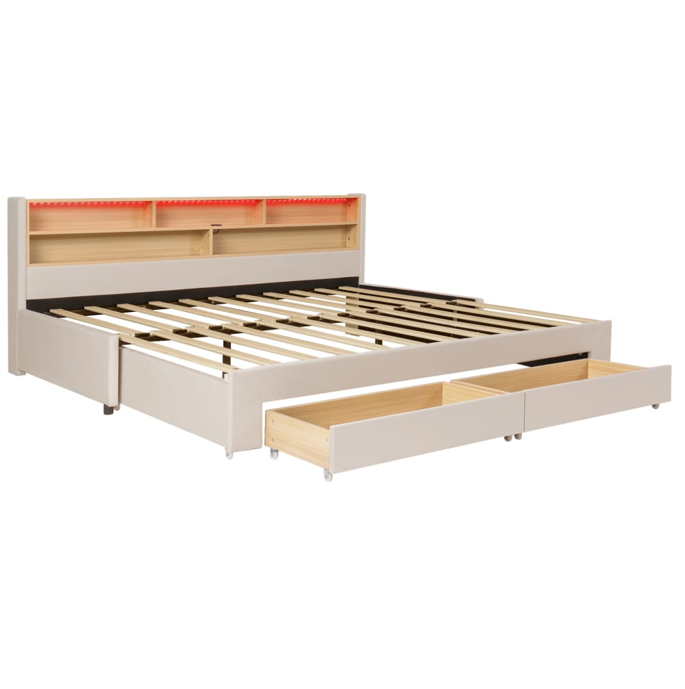 Lit gigogne extensible avec tiroirs, usb, led, beige, 90-180x200 cm