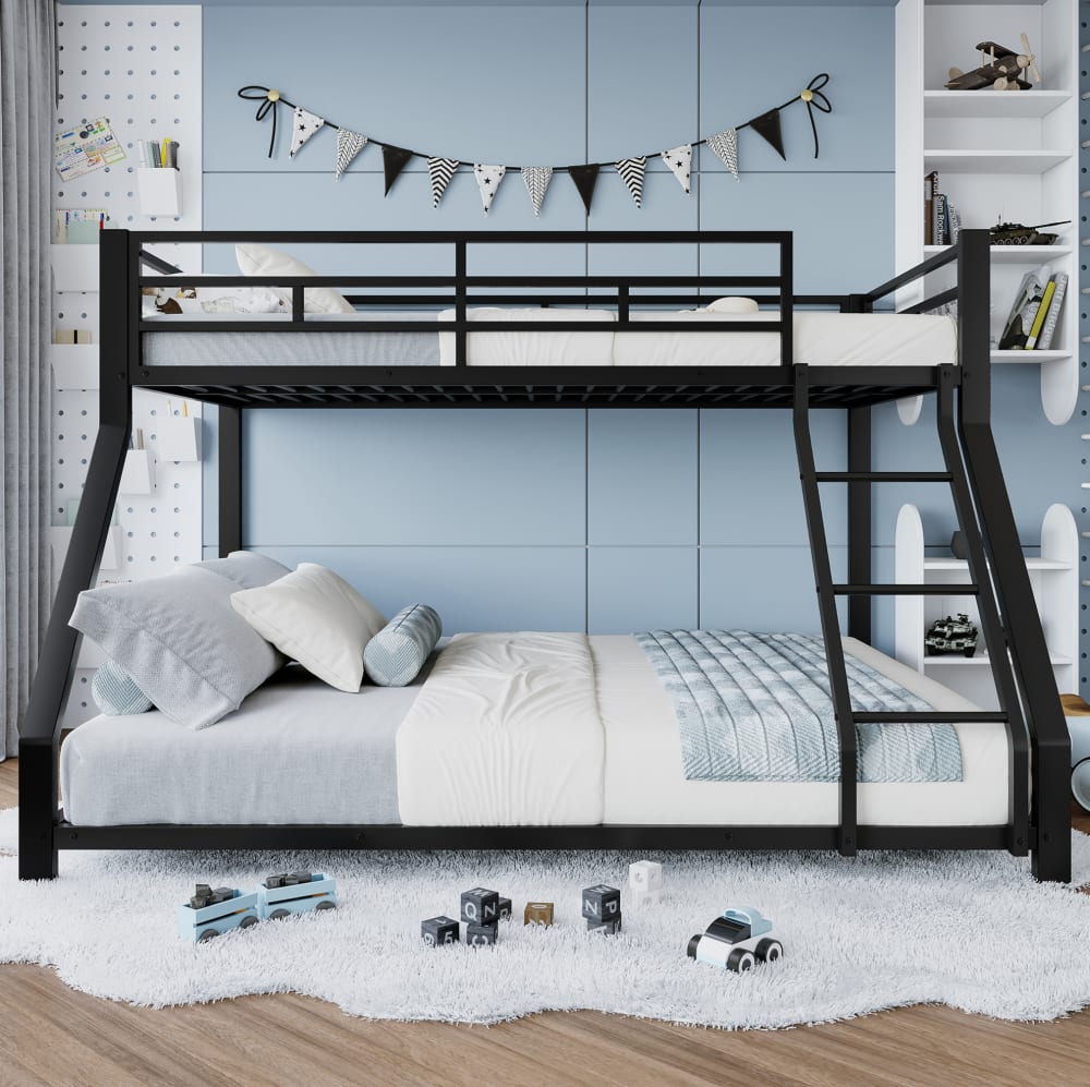 Etagenbett mit Treppe, Geländer, EN747, Metall, Schwarz,