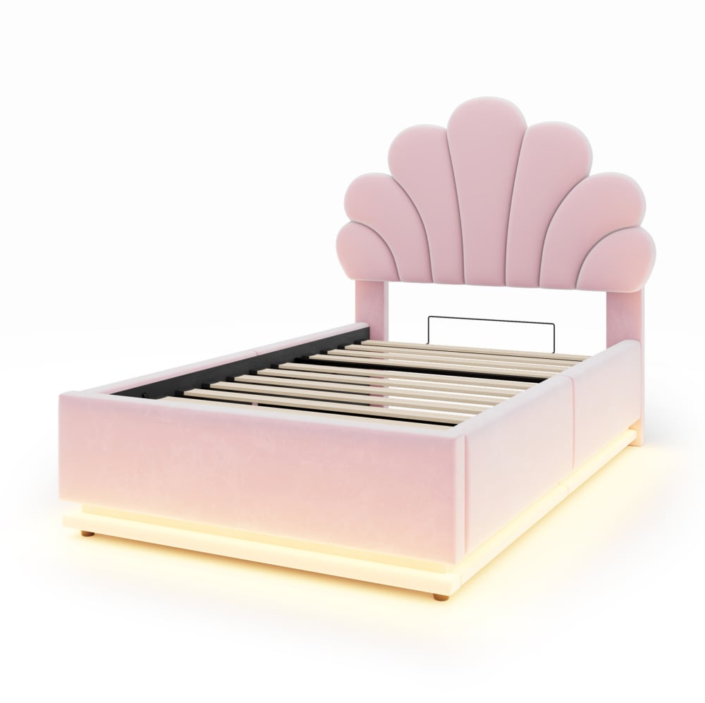 Lit enfant 90x200 cm, tête florale, rangement, led, velours rose
