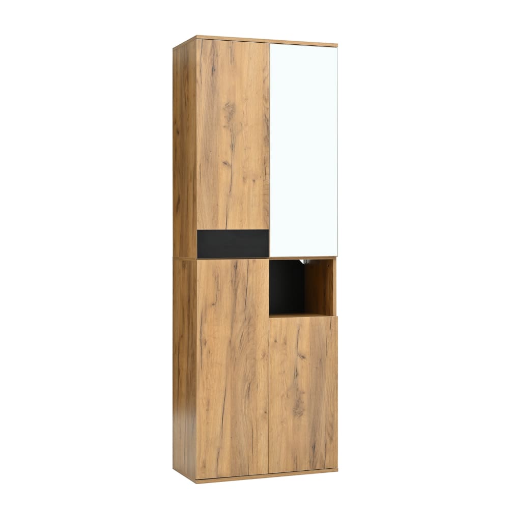 Armoire haute avec miroir, 4 portes et niche ouverte, naturel, 190 cm