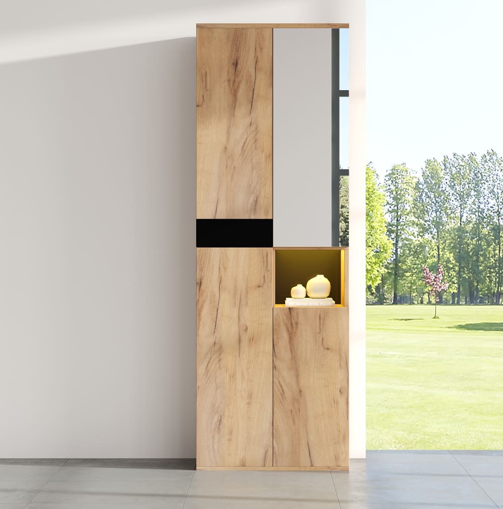 Armoire haute avec miroir, 4 portes et niche ouverte, naturel, 190 cm