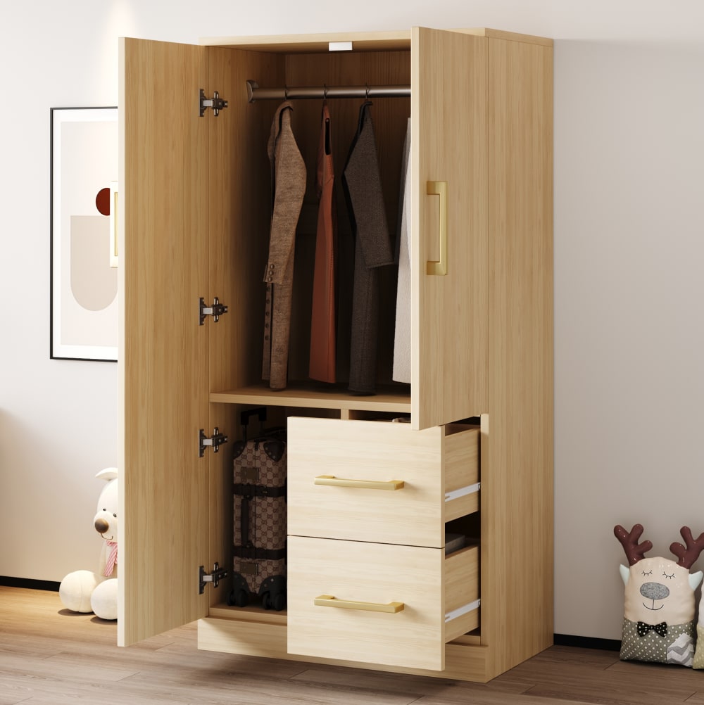 Kleiderschrank mit 2 Schubladen und Doppeltür 70x40x135 cm, Natur