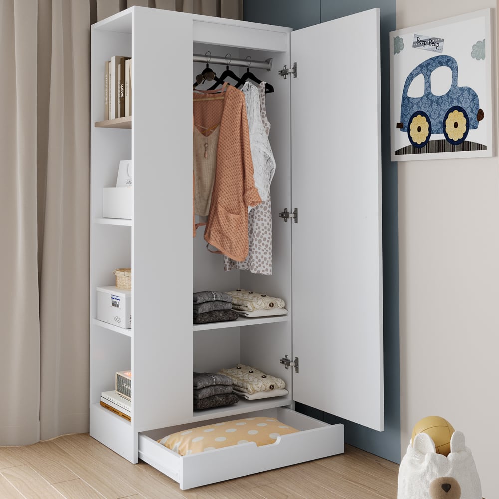 Armoire 1 porte avec étagères et tiroir, 70x40x170 cm, blanche