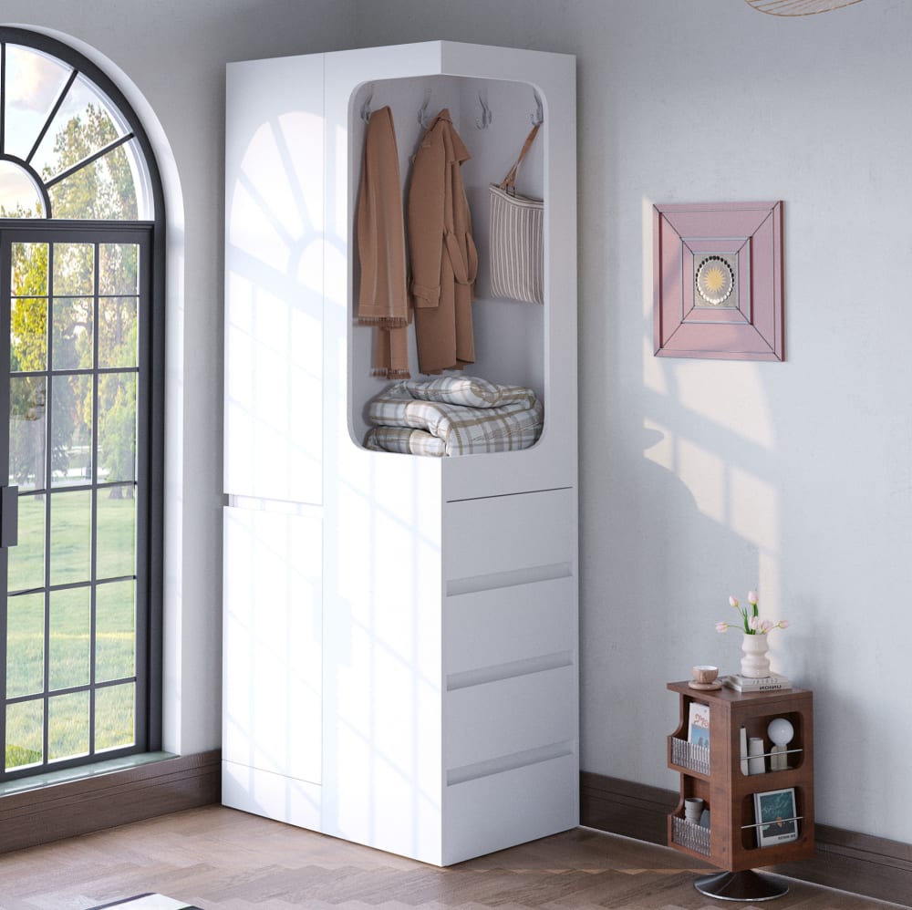 Armoire avec 4 tiroirs et espace ouvert avec penderie, 70 cm, blanc