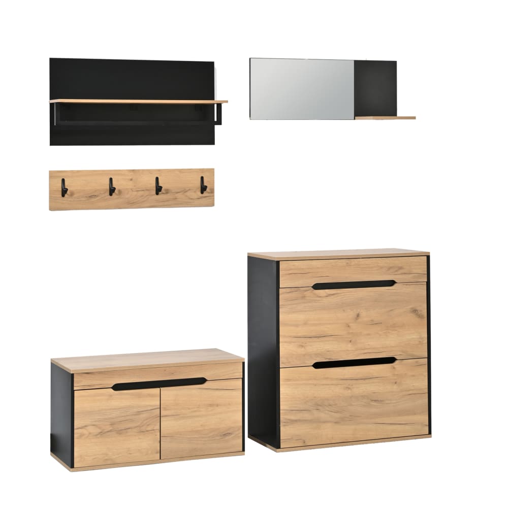 Meuble d’entrée 160x36x176 cm, miroir, meuble à chaussures, bois