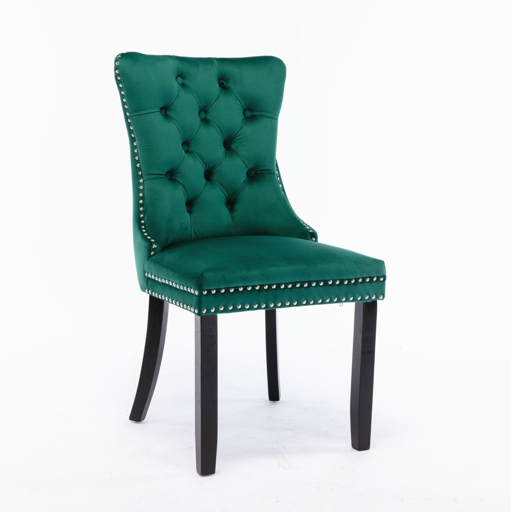 2 chaises salle à manger velours, 2 unités, pieds en bois, vert