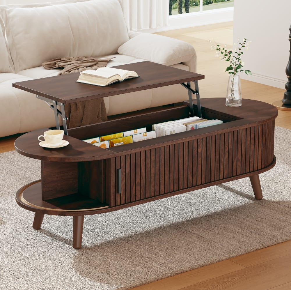 Anhebbarer Couchtisch mit Stauraum und Schiebetüren 120x50 cm