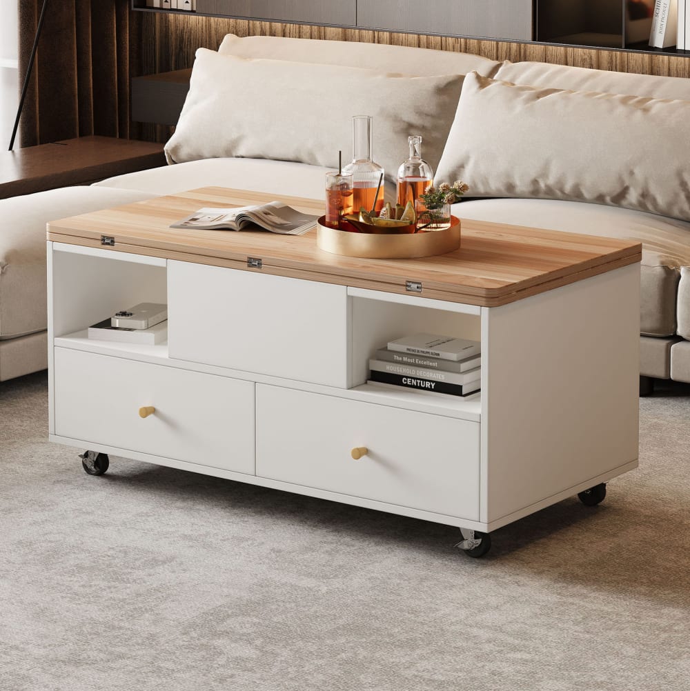 Table basse à plateau relevable avec 4 tiroirs, 100 cm, couleur bois