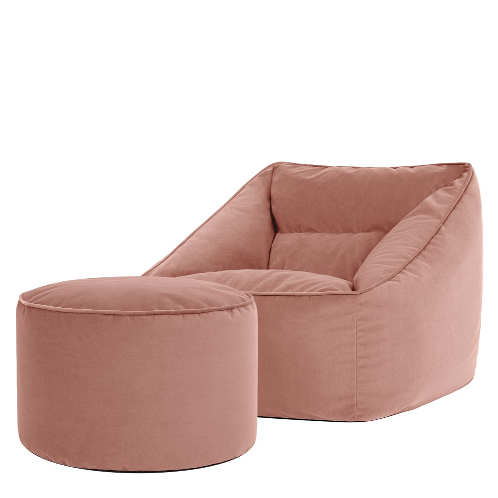 Pouf fauteuil avec repose-pied rond velours rose aube