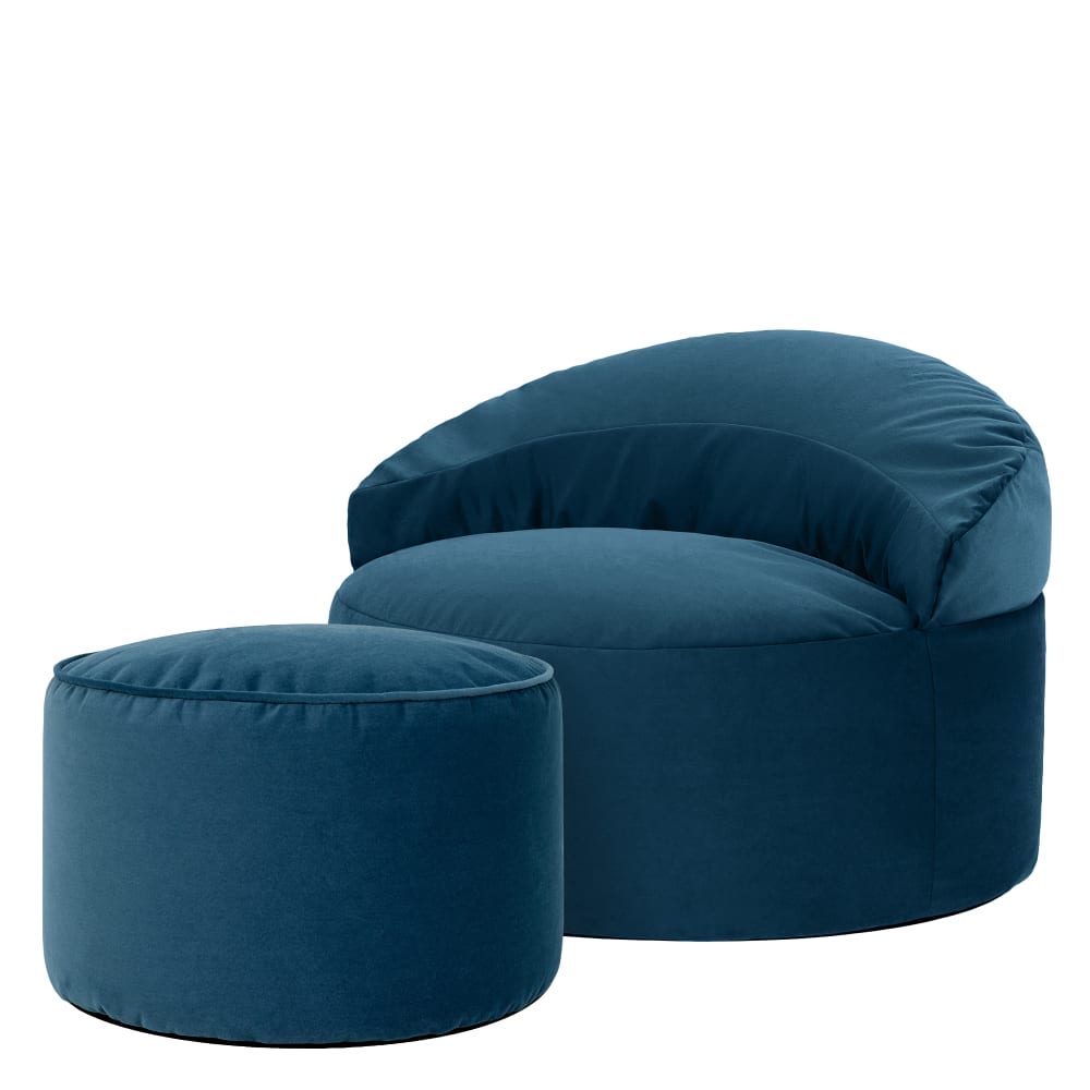 Pouf fauteuil d’appoint avec repose-pied rond en velours bleu marine