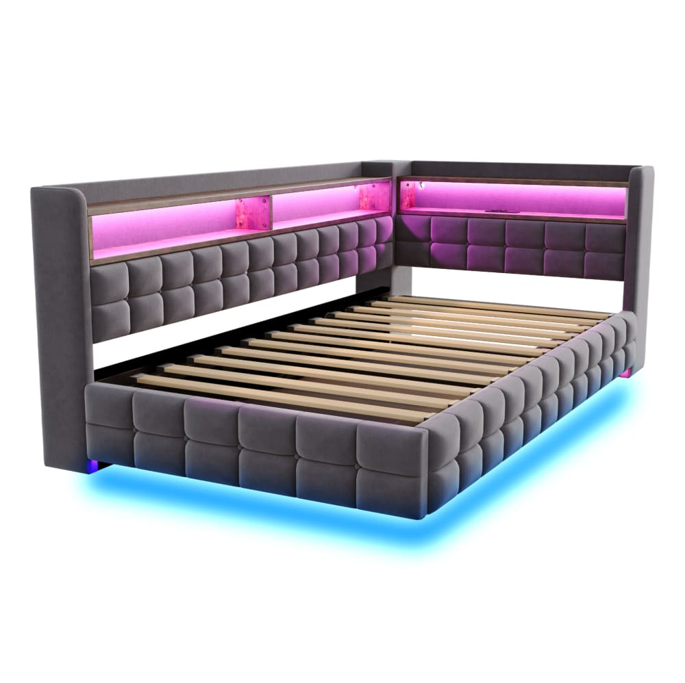 Lit enfant avec rangement,  led et port usb, 90 x 200 cm, gris