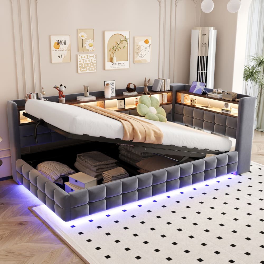 MODFU Polsterbett mit Stauraum, LED, USB, 90x200 cm, Grau style modern GRAU SAMT Baby