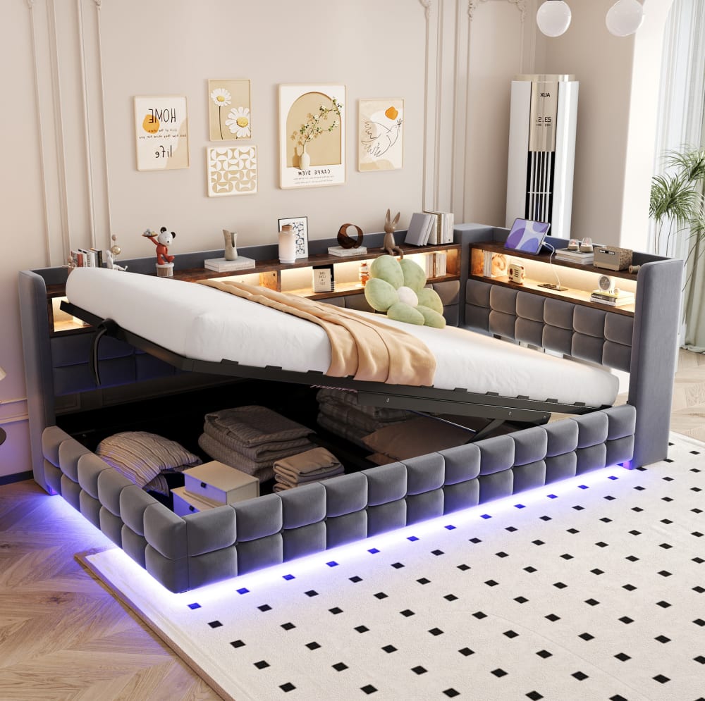 Polsterbett mit Stauraum, LED, USB, 90x200 cm, Grau - Maisons Du