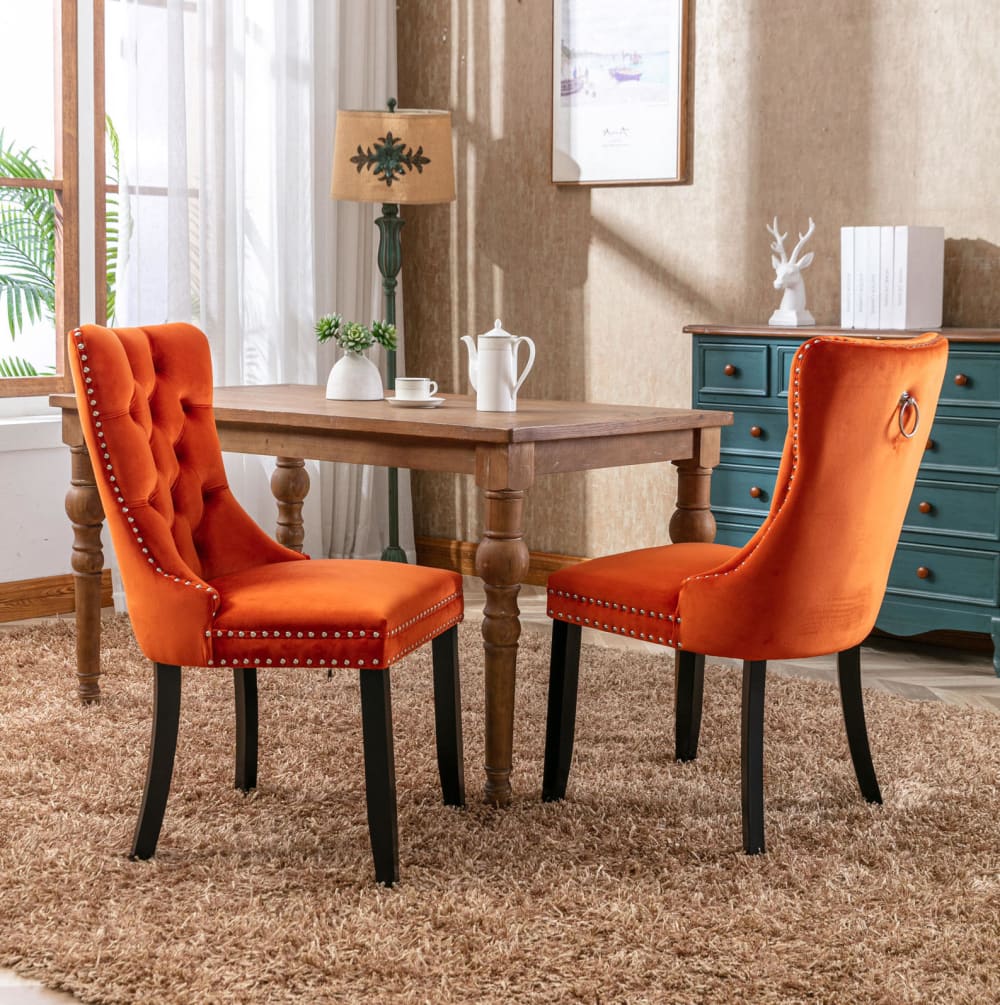 Polsterstühle 2er-Set mit hoher Lehne, Samt, Holzgestell, Orange