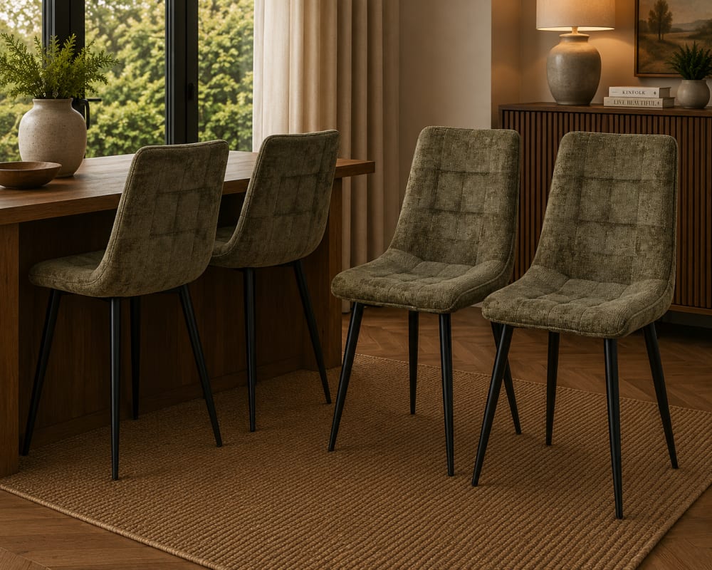 4er-Set Esszimmerstühle Lucille aus Chenille, Dunkelgrün -