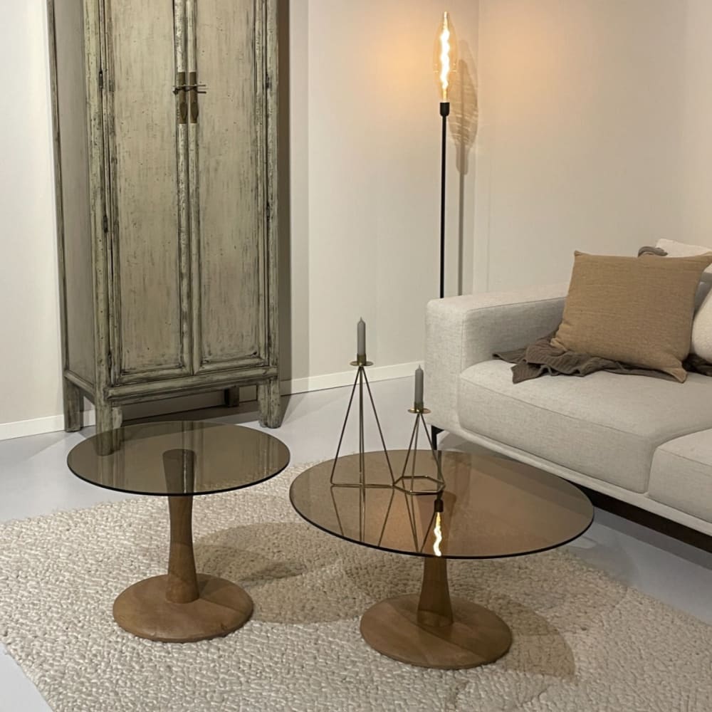 Couchtisch Faye Ø60cm aus Glas und Mangoholz, Braun - Maisons Du