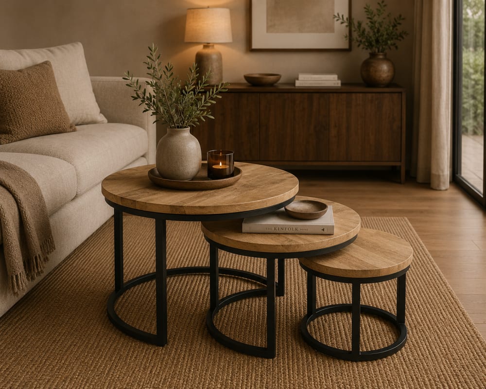 3er-Set Couchtische Rylee aus Mangoholz, Hellbraun - Maisons Du