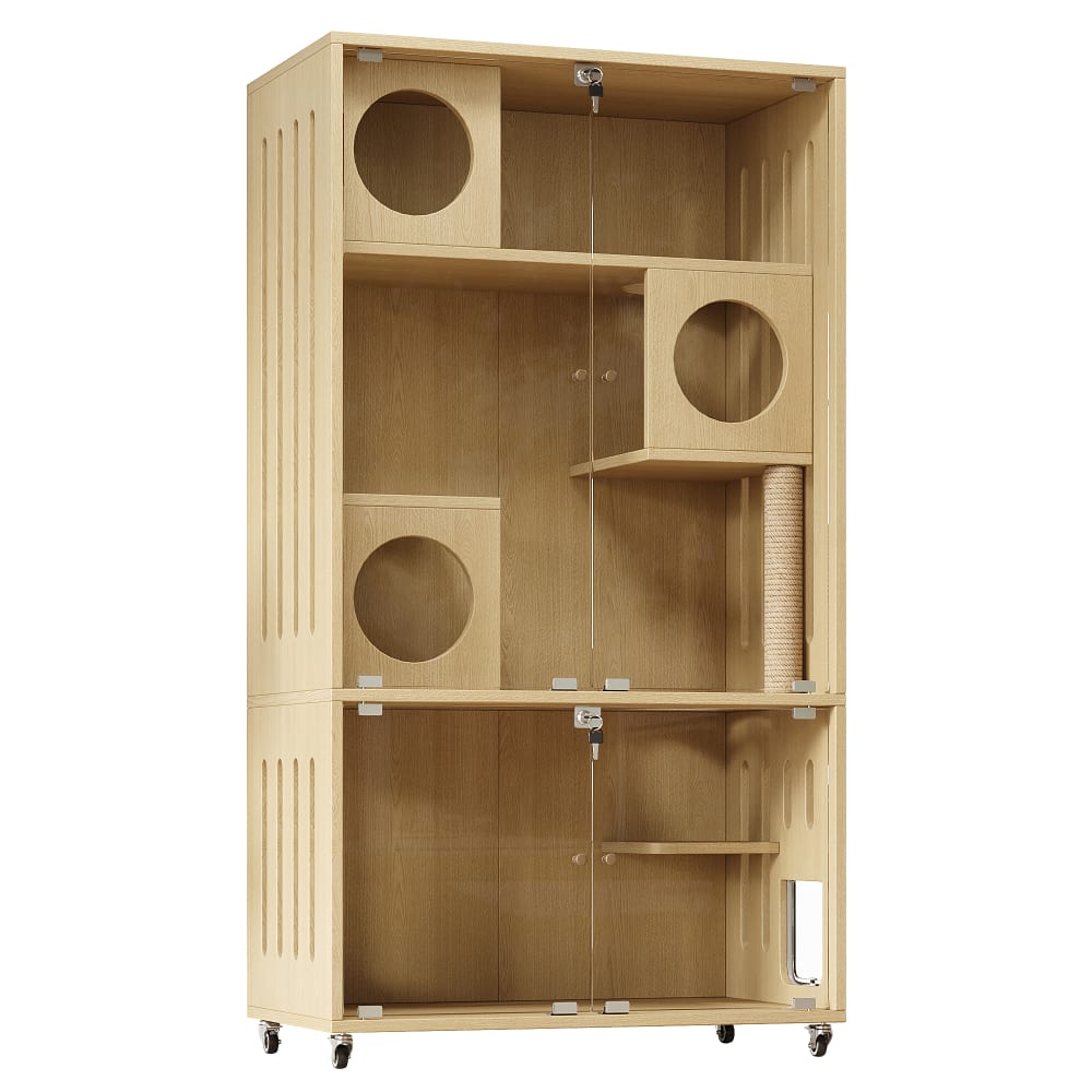 Grande villa pour chat mobile à 3 niveaux bois naturel 90 cm