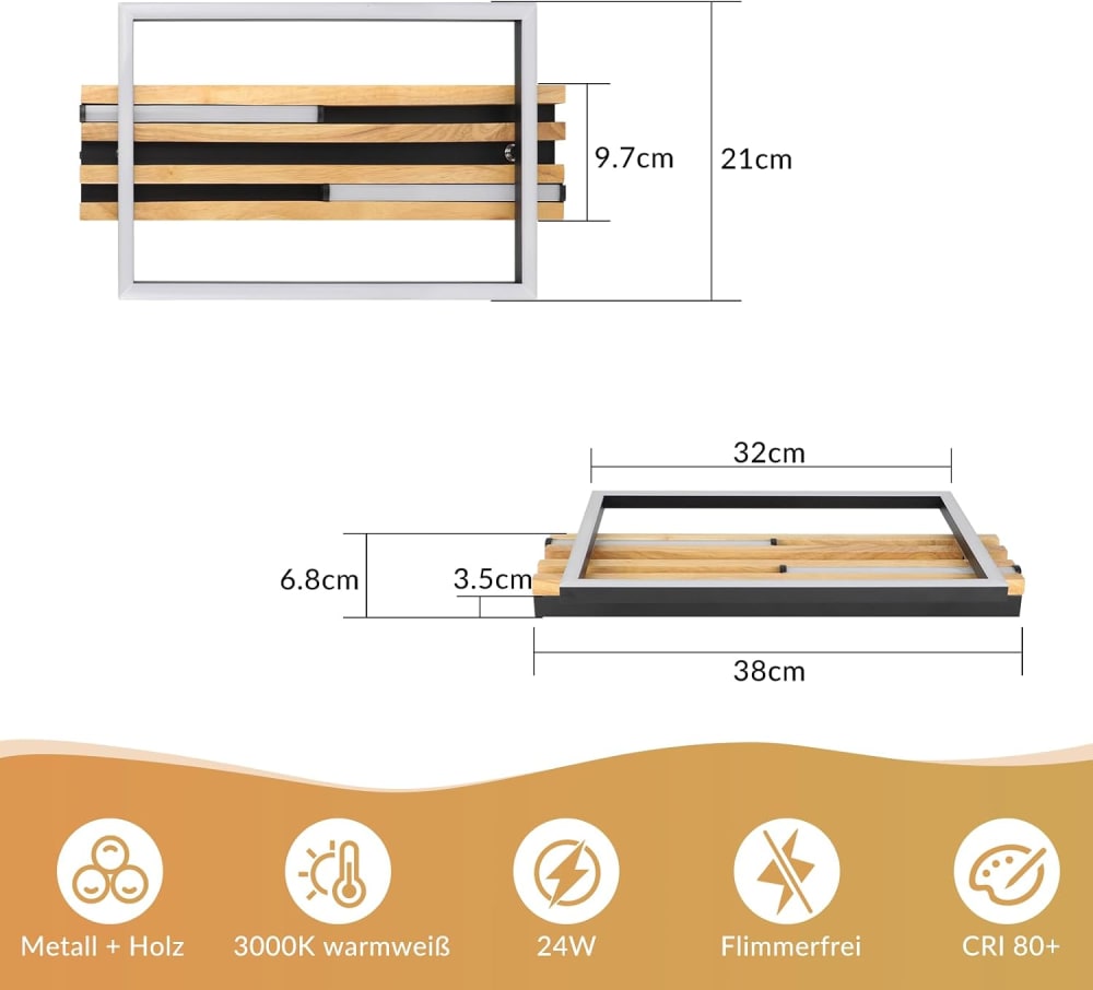Plafonnier en fer aluminium noir 38x20.9x6.8cm led 3000k 24w — vue 4