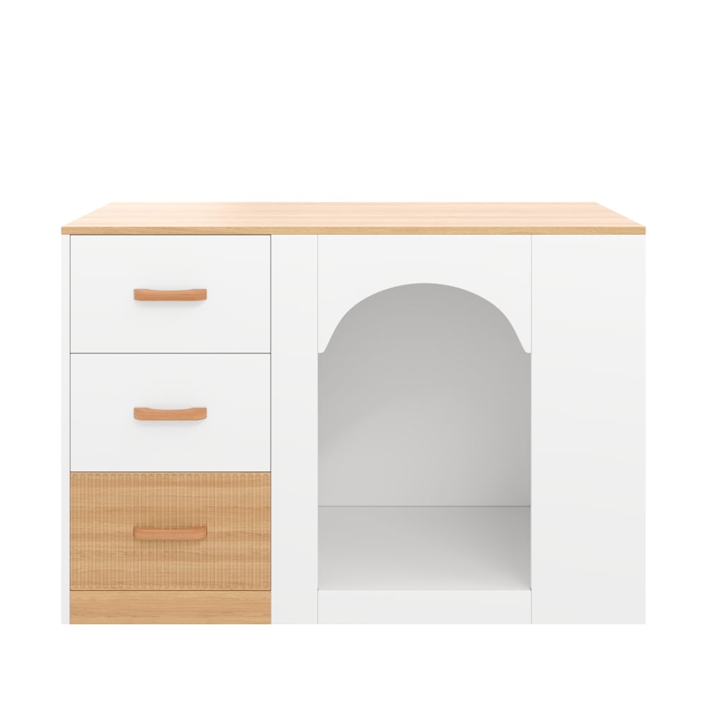 Urban Cocon Kücheninsel mit Hundebereich, 3 Schubladen, Weiß & Natur, 120 cm Weiß Spanplatte