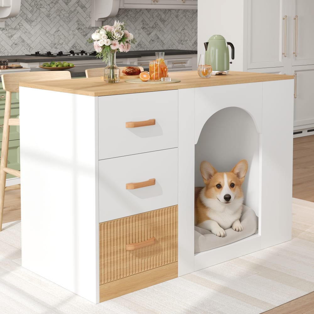 Îlot de cuisine avec niche pour chien 3 tiroirs blanc et bois 120 cm