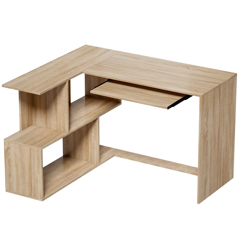 Bureau d'angle plateau de clavier 4 compartiments ouverts bois naturel