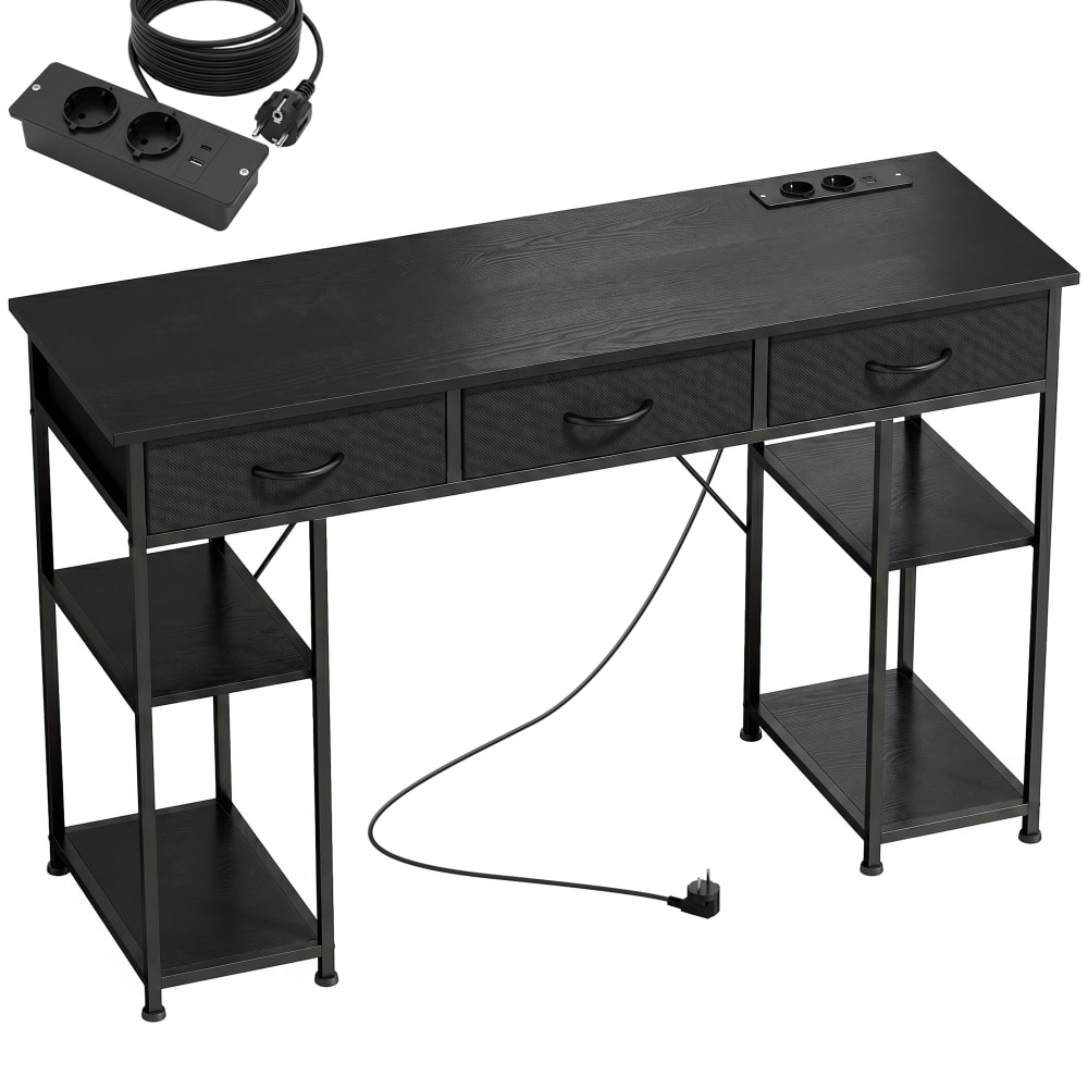 Bureau informatique avec prises électriques tiroirs étagères bois noir
