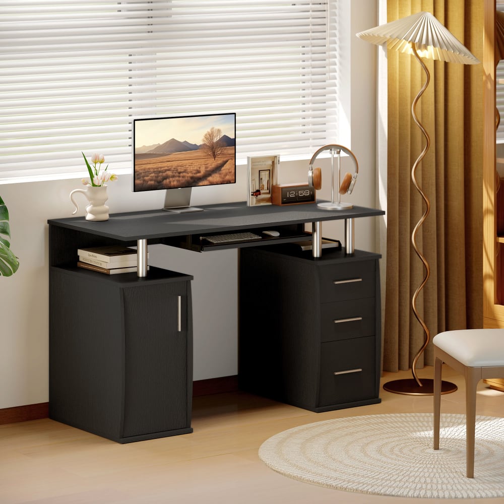 Bureau d'ordinateur plateau pour clavier 3 tiroirs bois noir